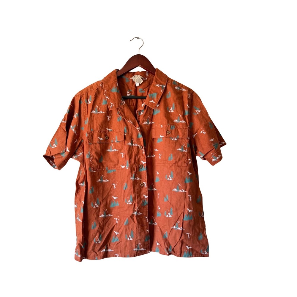 Duluth Trading Co Womens Large Hemp Cotton Camping Print Button Down Shirt